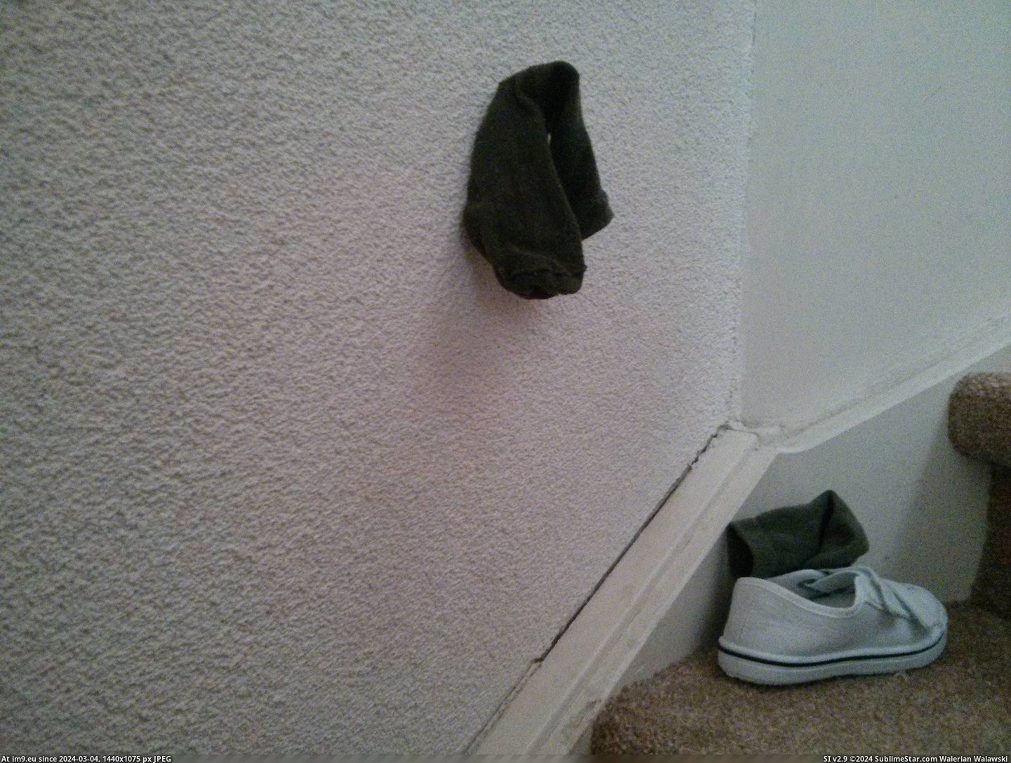 #One #Wall #Stairs #Tossed #Sticked #Son #Socks [Mildlyinteresting] When I tossed my son's socks on the stairs one of them sticked to the wall Pic. (Изображение из альбом My r/MILDLYINTERESTING favs))