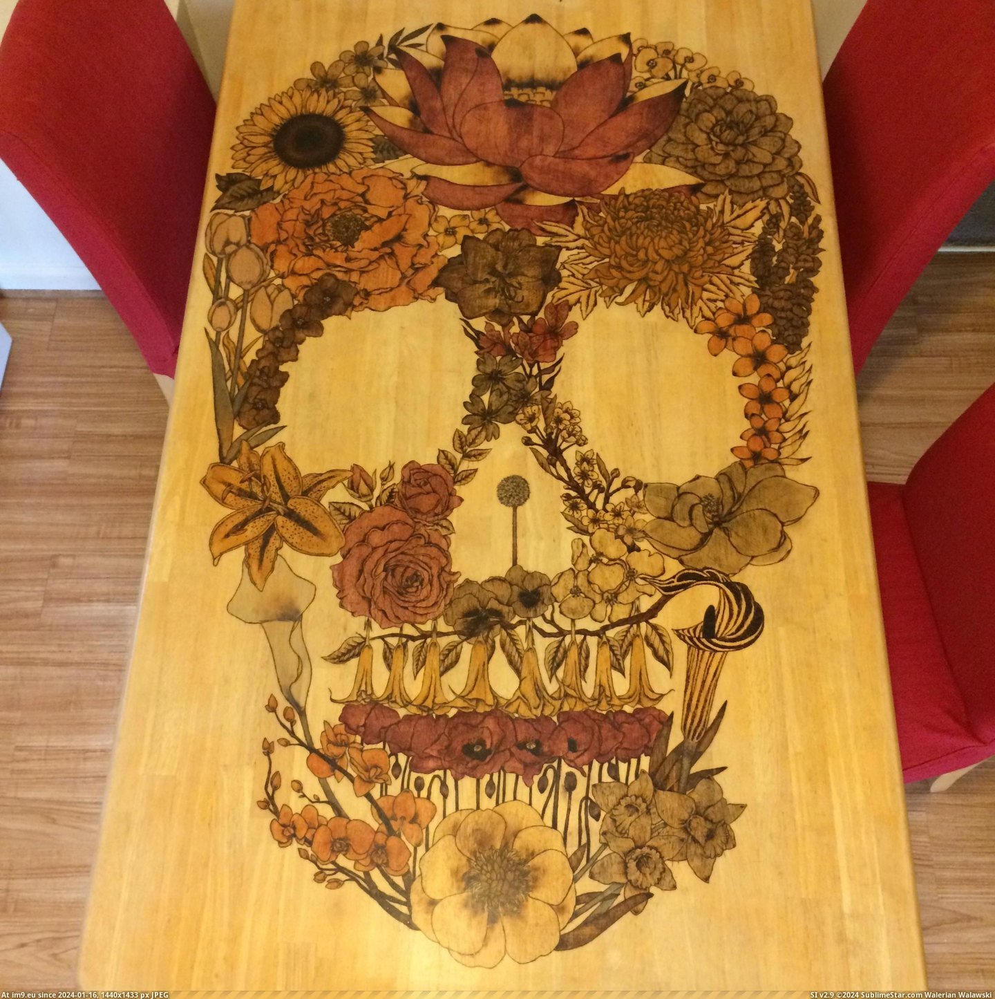 #Kitchen #Skull #Woodburning #Flower [Pics] Flower Skull Woodburning On Kitchen Table Pic. (Изображение из альбом My r/PICS favs))
