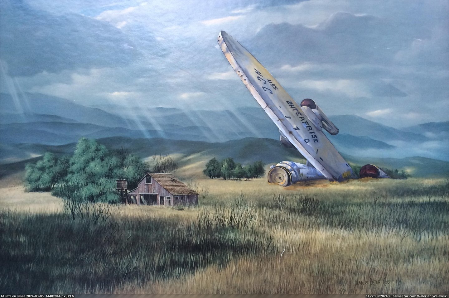 #Old #Painting #Hope #Print #Enterprise #Finished #Enjoys #Thrift [Pics] I just finished painting the Enterprise into this old thrift print. Hope reddit enjoys 'First Contact' Pic. (Изображение из альбом My r/PICS favs))