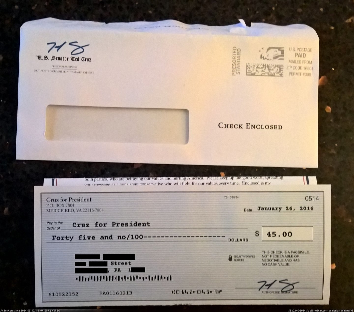 #Check  #Cruz [Pics] Ted Cruz sent me a 'check...' made out to himself, from me. Pic. (Image of album My r/PICS favs))