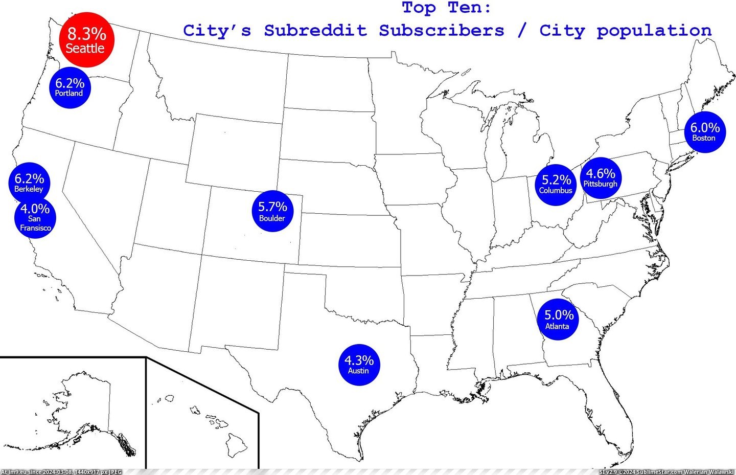 #City #Data #Subscribed #Population [Dataisbeautiful] How Much of a City's Population is Subscribed to Its Subreddit (More data in comments) [OC] Pic. (Obraz z album My r/DATAISBEAUTIFUL favs))
