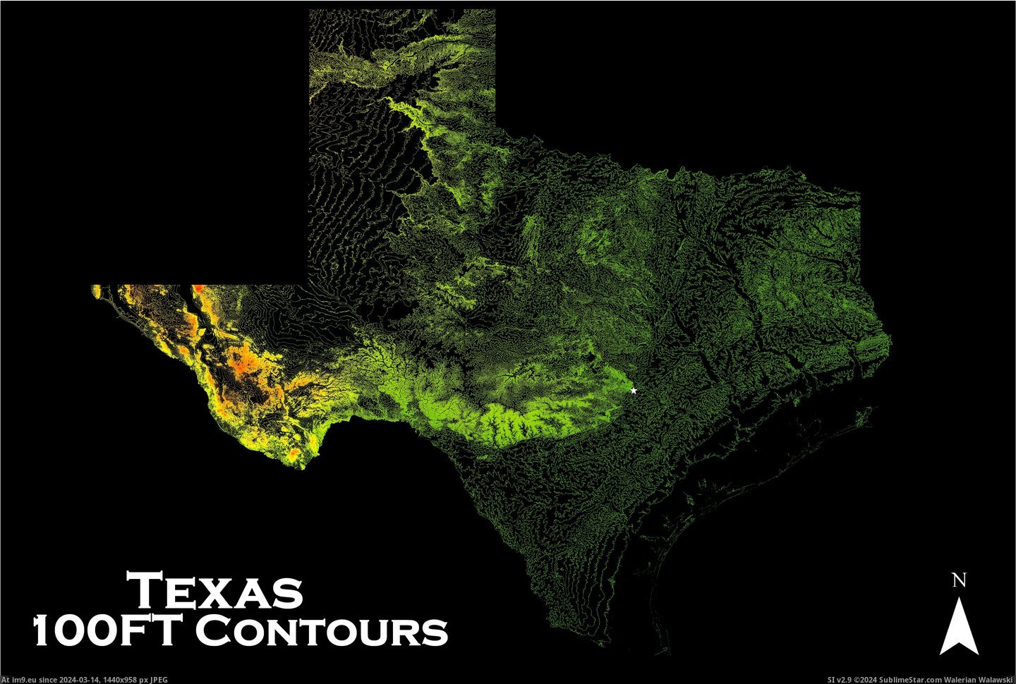 #Map #Foot #Texas [Mapporn] 100 Foot Contour Map of Texas [9000x6000] Pic. (Obraz z album My r/MAPS favs))