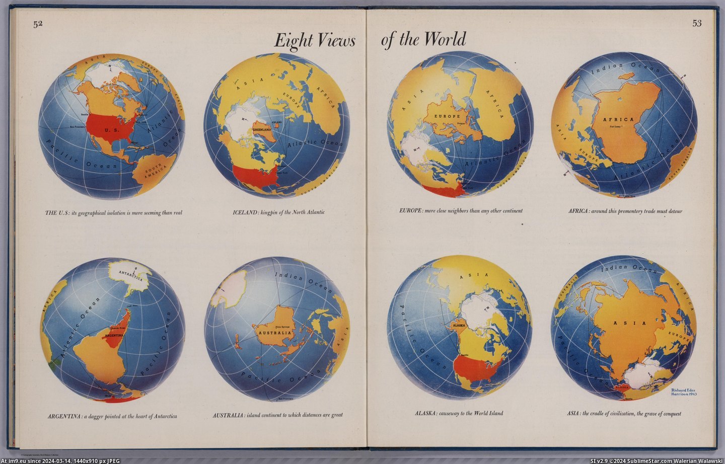 #World #Harrison #Richard [Mapporn] 8 views of the World, by Richard Harrison in 1943 [5509x3495] Pic. (Image of album My r/MAPS favs))