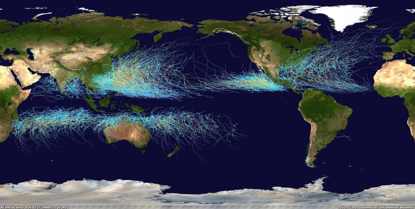 #Show #Six #Points #Storms #Tropical #Locations [Mapporn] All Tropical cyclones from 1985 to 2005. The points show the locations of the storms at six-hourly intervals and use t Pic. (Image of album My r/MAPS favs))
