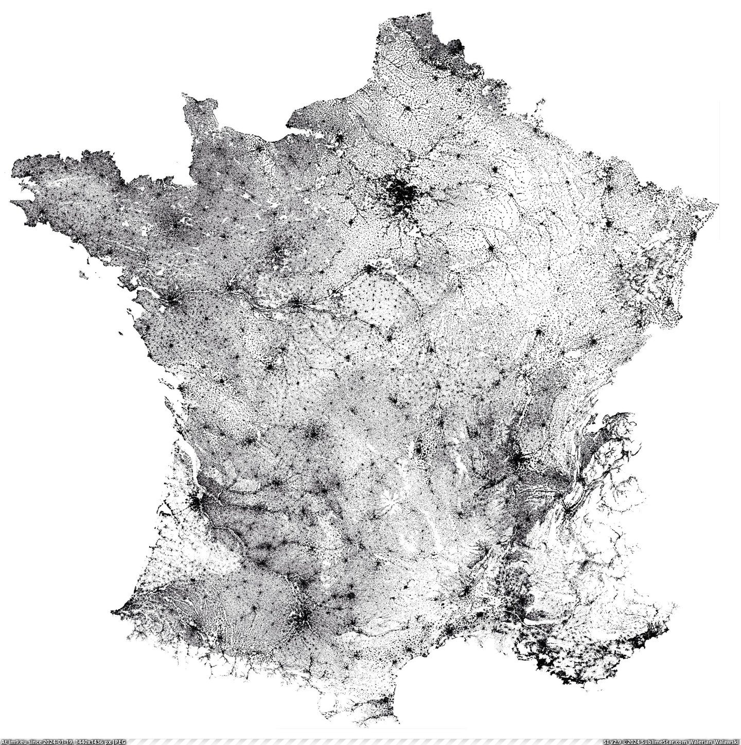 #Map #France #Basic #Population [Mapporn] Basic B&W population map of France [4500×4500][OC] Pic. (Image of album My r/MAPS favs))