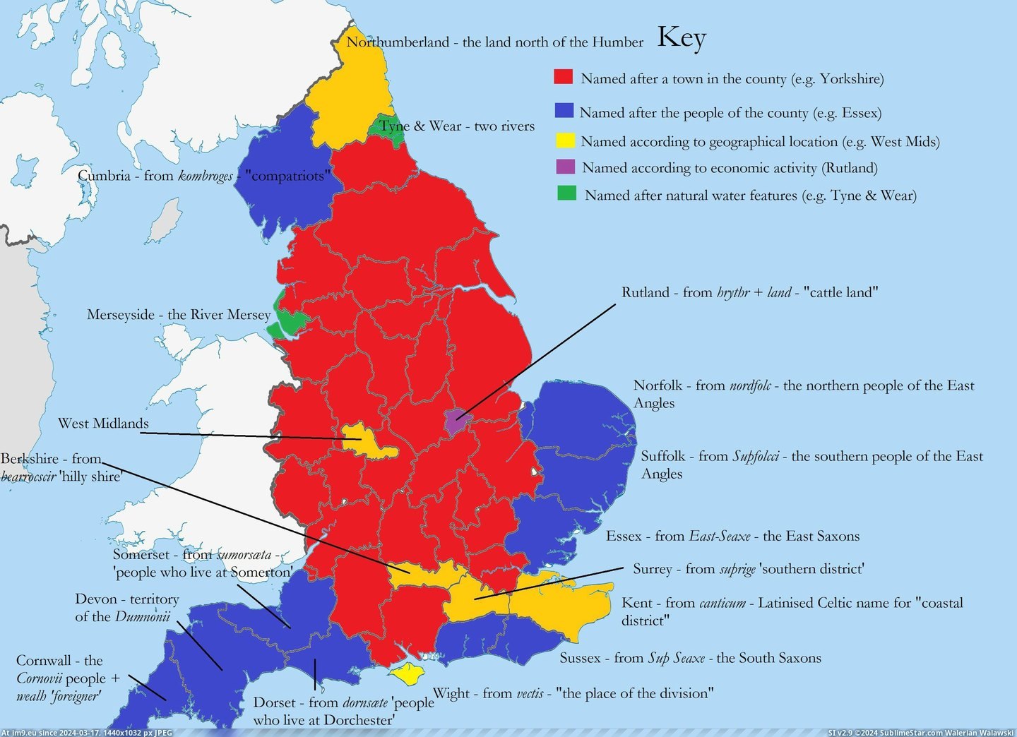 #County #English #Ceremonial #Etymologies #Categorised #Names #Etymology [Mapporn] Categorised etymologies of English ceremonial county names [ -r-etymology] [3104x2236] Pic. (Bild von album My r/MAPS favs))