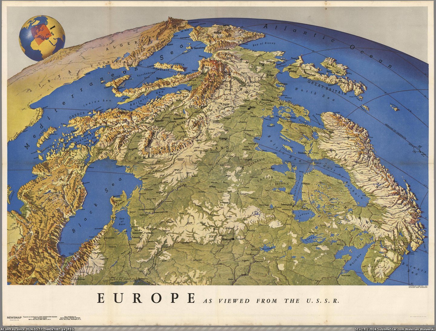 #Europe #Information #Harrison #Viewed #Ussr #Army #Branch [Mapporn] Europe as viewed from the USSR. Made by R. Harrison for the US Army Information Branch in 1944 [4794x3610] Pic. (Image of album My r/MAPS favs))