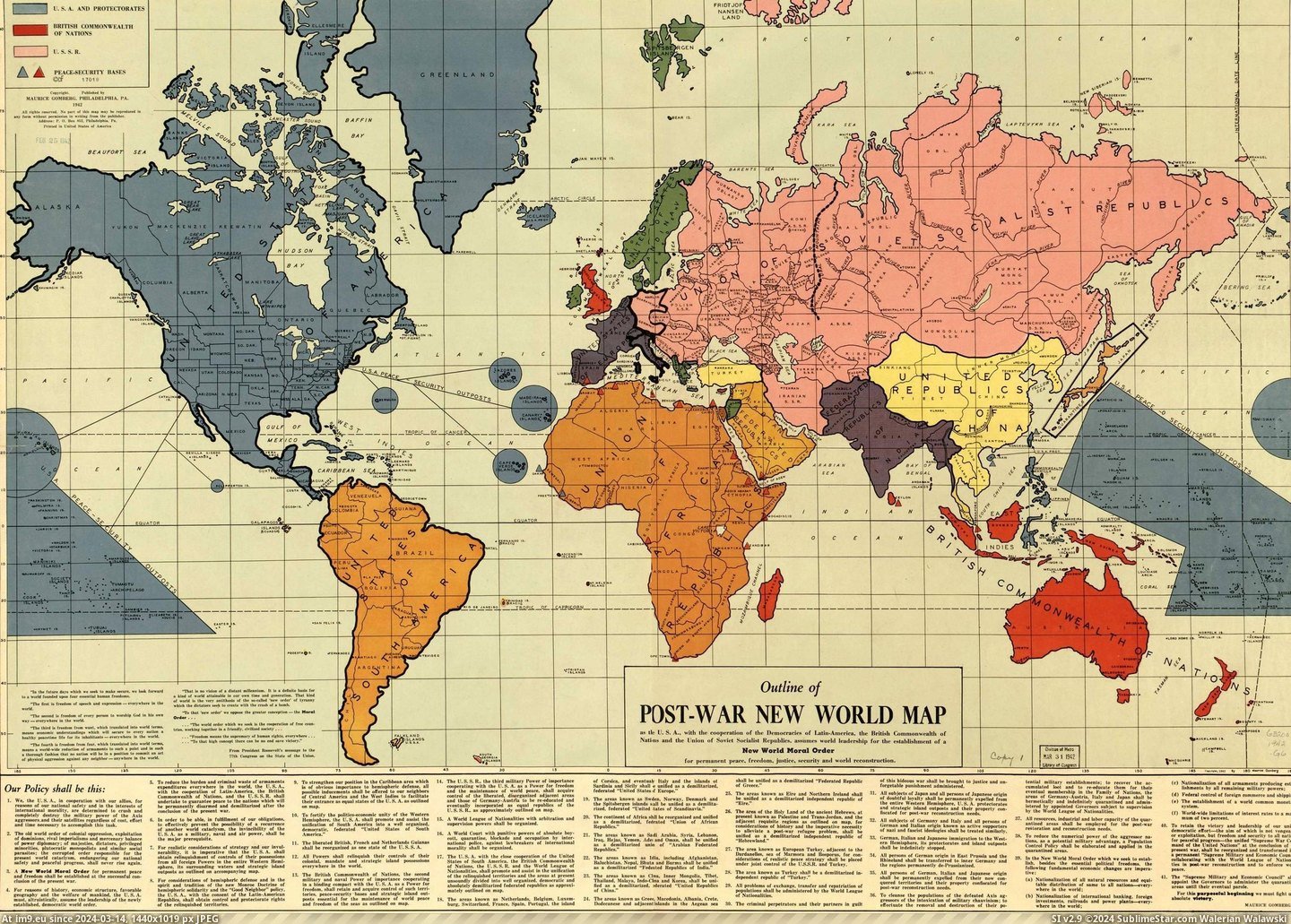 #World #Map #War #Order #Moral #Shortly #Maurice #Gomberg #Pearl #Constructed #Infamous #Harbour [Mapporn] Infamous map of the 'Post-War New World Moral Order' constructed shortly before Pearl Harbour by Maurice Gomberg [3972 Pic. (Image of album My r/MAPS favs))