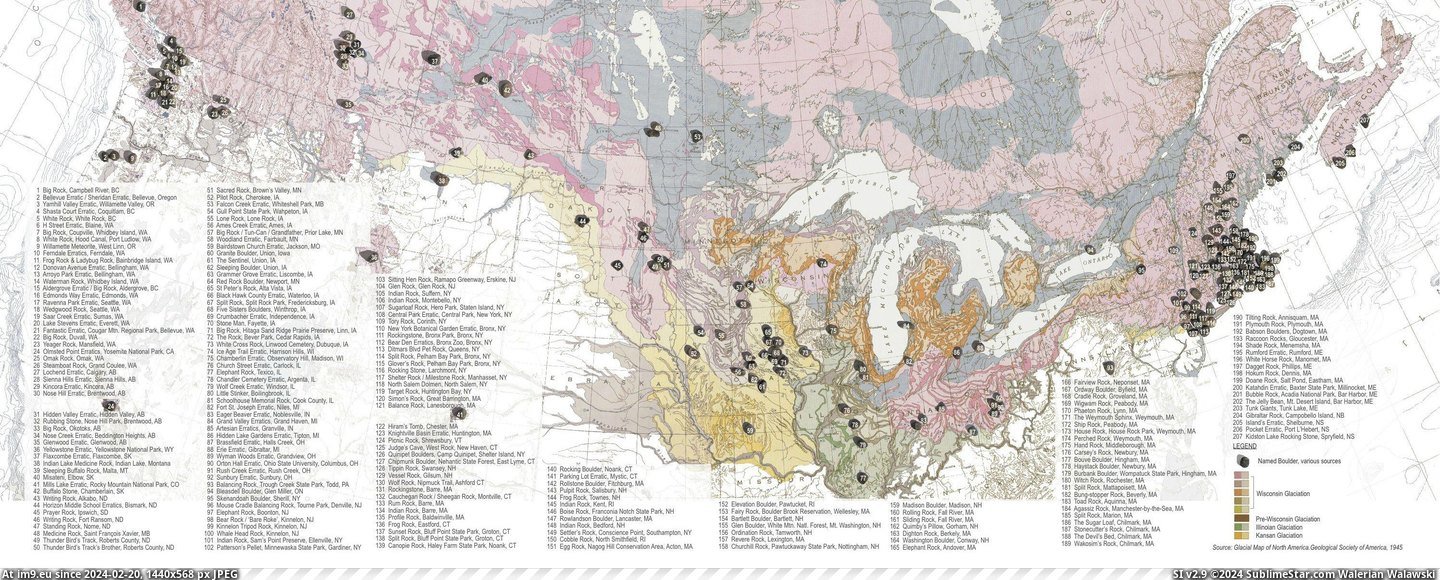 #Map #North #Society #Glacial #Geological #America #Named [Mapporn] Map of named Glacial Erratics of North America, Geological Society of America, 1945. [2997x1195] Pic. (Image of album My r/MAPS favs))