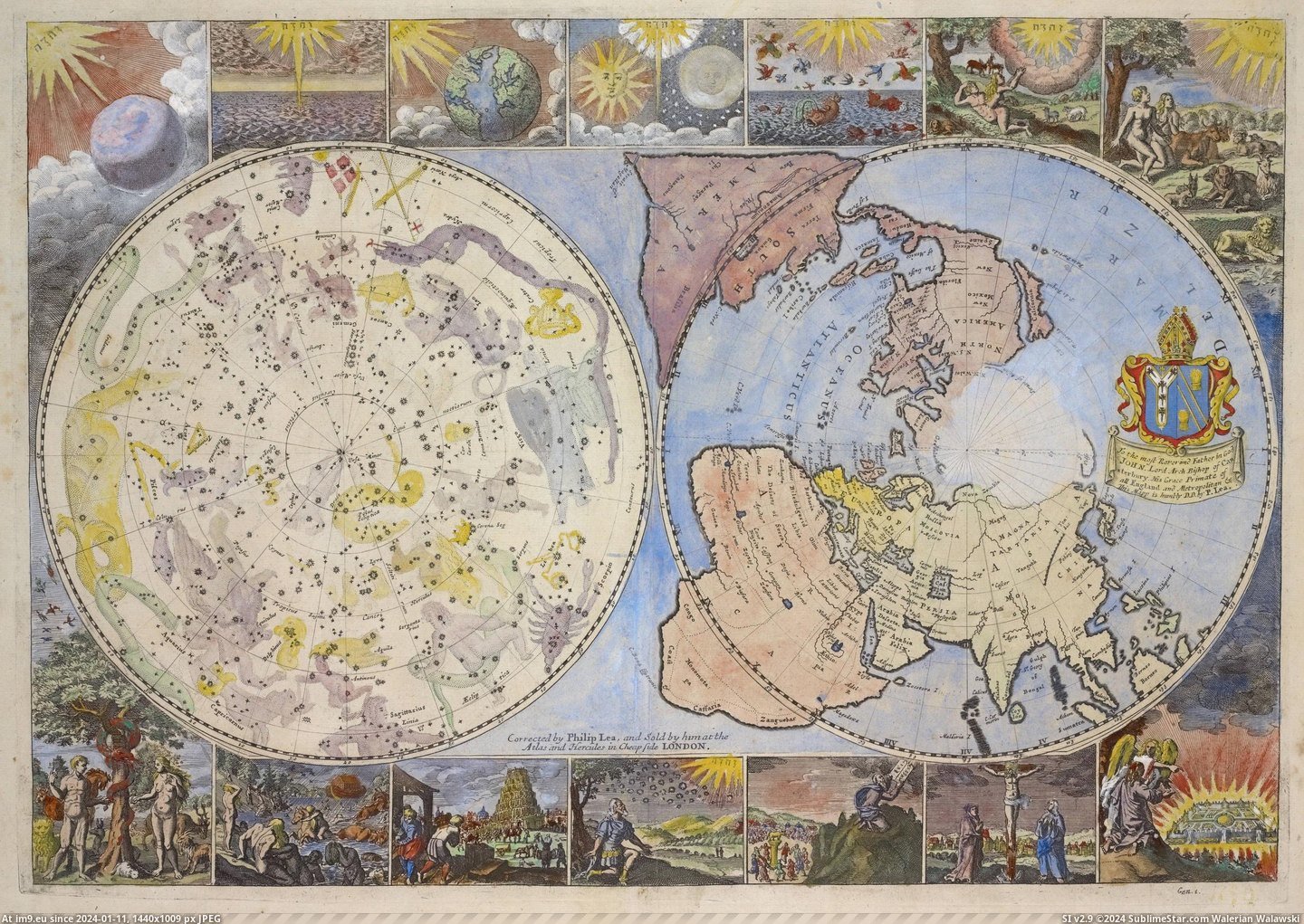 #World #Map #Earth #Pole #Heavens #Showing #North [Mapporn] 'Map of the heavens and the earth,' 1699 - A map showing the round world centered at the North Pole [2477x1747] Pic. (Image of album My r/MAPS favs))