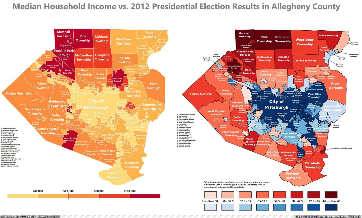 #County #Results #Elections #Pittsburgh #Household #Income #Presidential #Median [Mapporn] Median Household Income vs. 2012 Presidential Elections Results in Allegheny County (Pittsburgh) [4232x2532] Pic. (Image of album My r/MAPS favs))