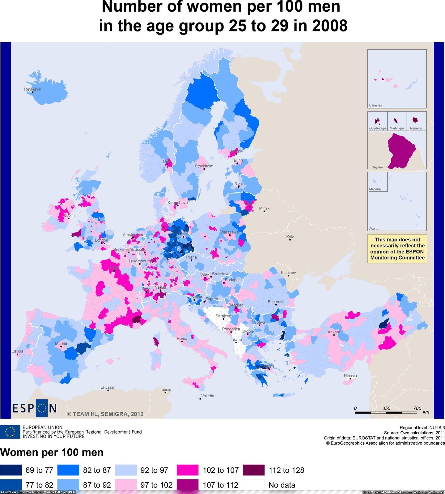 #Europe #Women #Group #Age #Men #Number [Mapporn] Number of Women per 100 Men in the Age Group 25 to 29 in Europe [2249x2490] Pic. (Bild von album My r/MAPS favs))