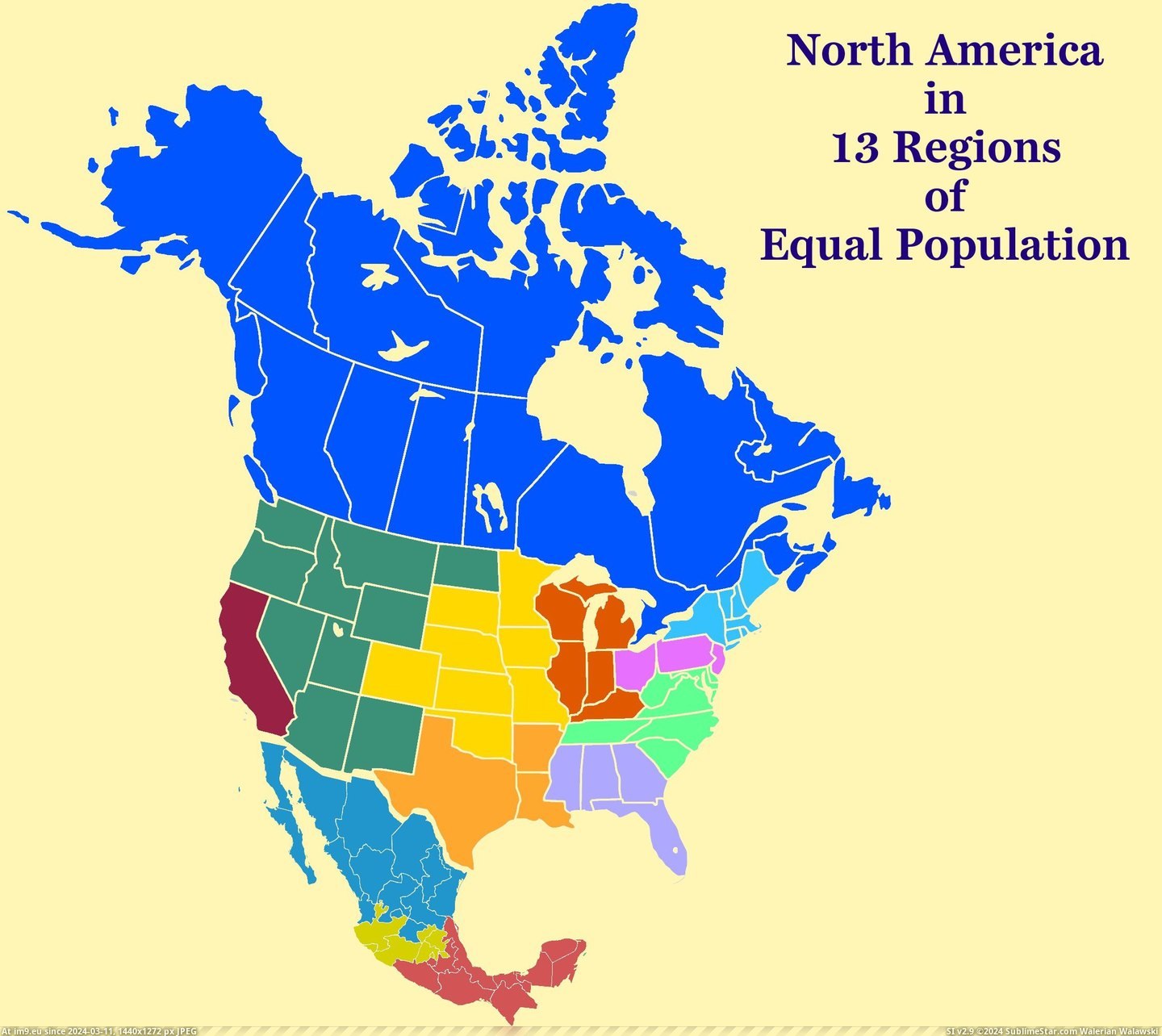 #North #Population #Divided #Equal #America #Regions [Mapporn] [OC] North America divided into 13 Regions of Equal Population [2000 x 2250] Pic. (Image of album My r/MAPS favs))