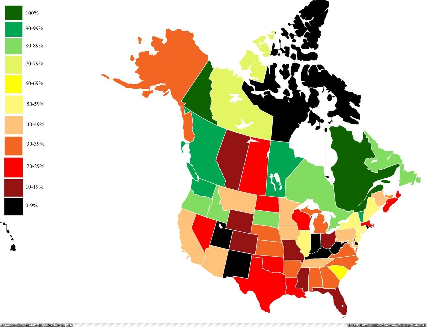 #State #Free #North #Generation #Electricity #America #Percentage #Province [Mapporn] Percentage of CO2 emissions-free electricity generation by province-state (North America) [2289x1744] Pic. (Bild von album My r/MAPS favs))