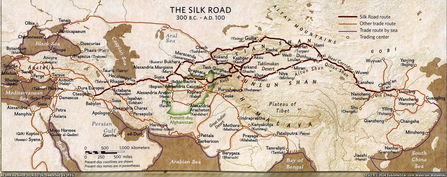 #Road  #Silk [Mapporn] The Silk Road, 300 BC to 100 AD [2231x879] Pic. (Bild von album My r/MAPS favs))