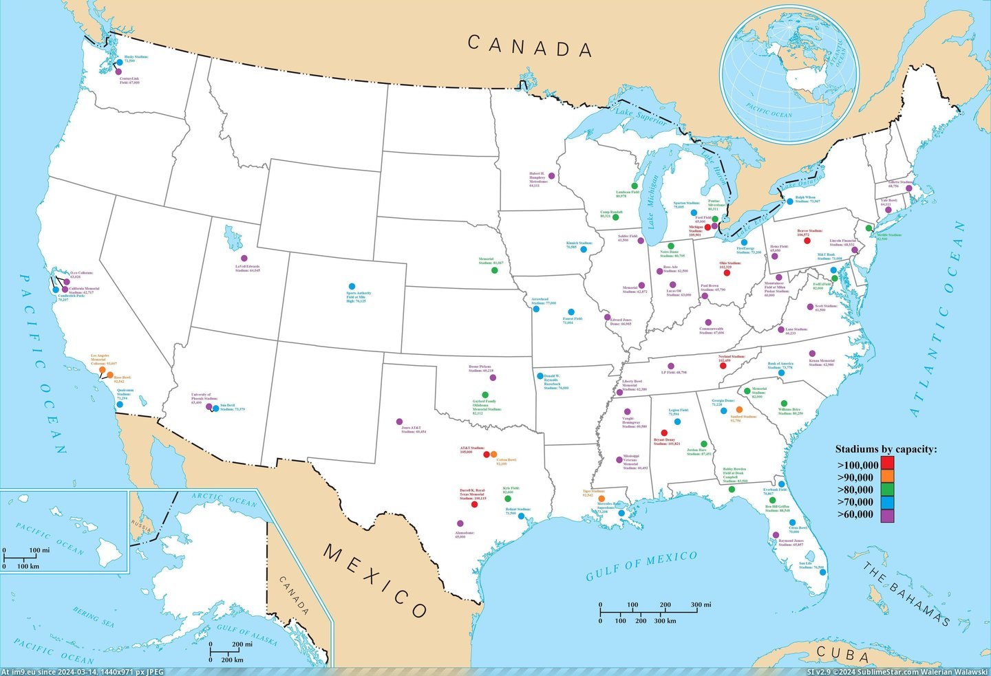 #Capacity  #Stadiums [Mapporn] US stadiums with over 60,000 capacity [4730x3202] [OC] Pic. (Image of album My r/MAPS favs))