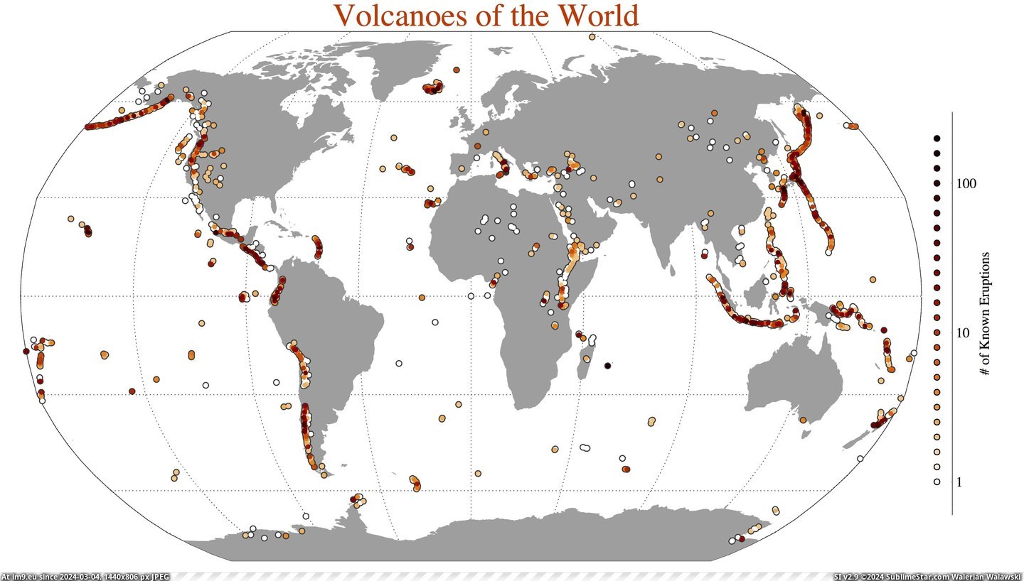 #World #History #Volcanoes #Number #Colored [Mapporn] Volcanoes of the World, colored by number of known eruptions throughout history [OC] [4000x2250] Pic. (Image of album My r/MAPS favs))