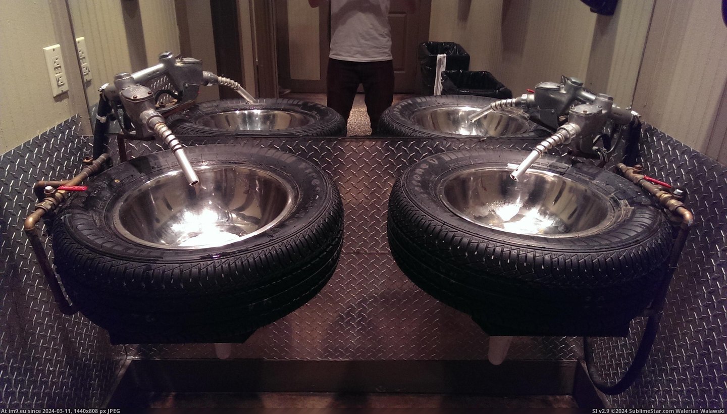 #Gas #Tires #Sinks [Mildlyinteresting] These sinks are tires (and their faucets are gas pumps). Pic. (Image of album My r/MILDLYINTERESTING favs))